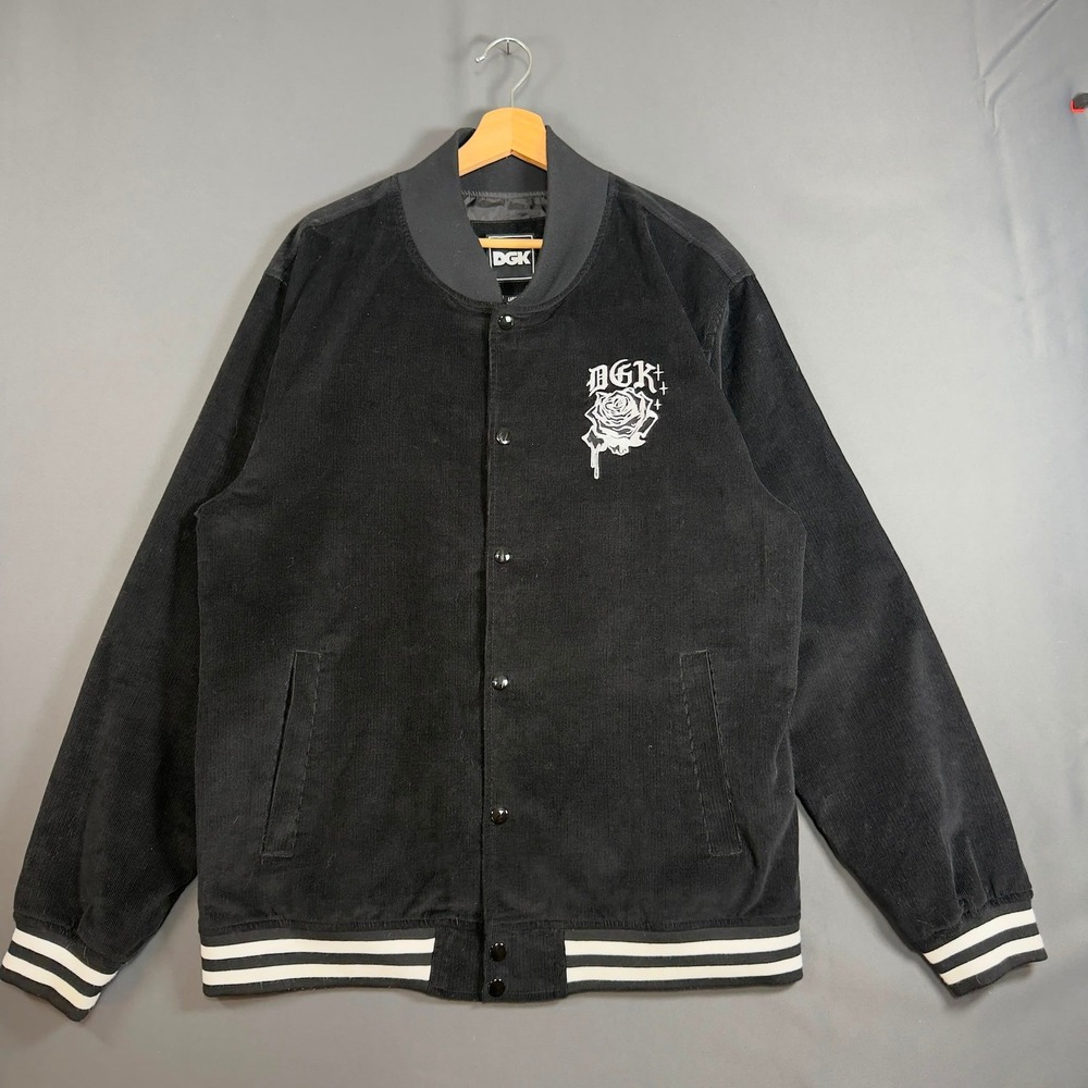 DGK Mens Large Corduroy Varsity Jacket Black Snap Front Graphic Skate Streetwear